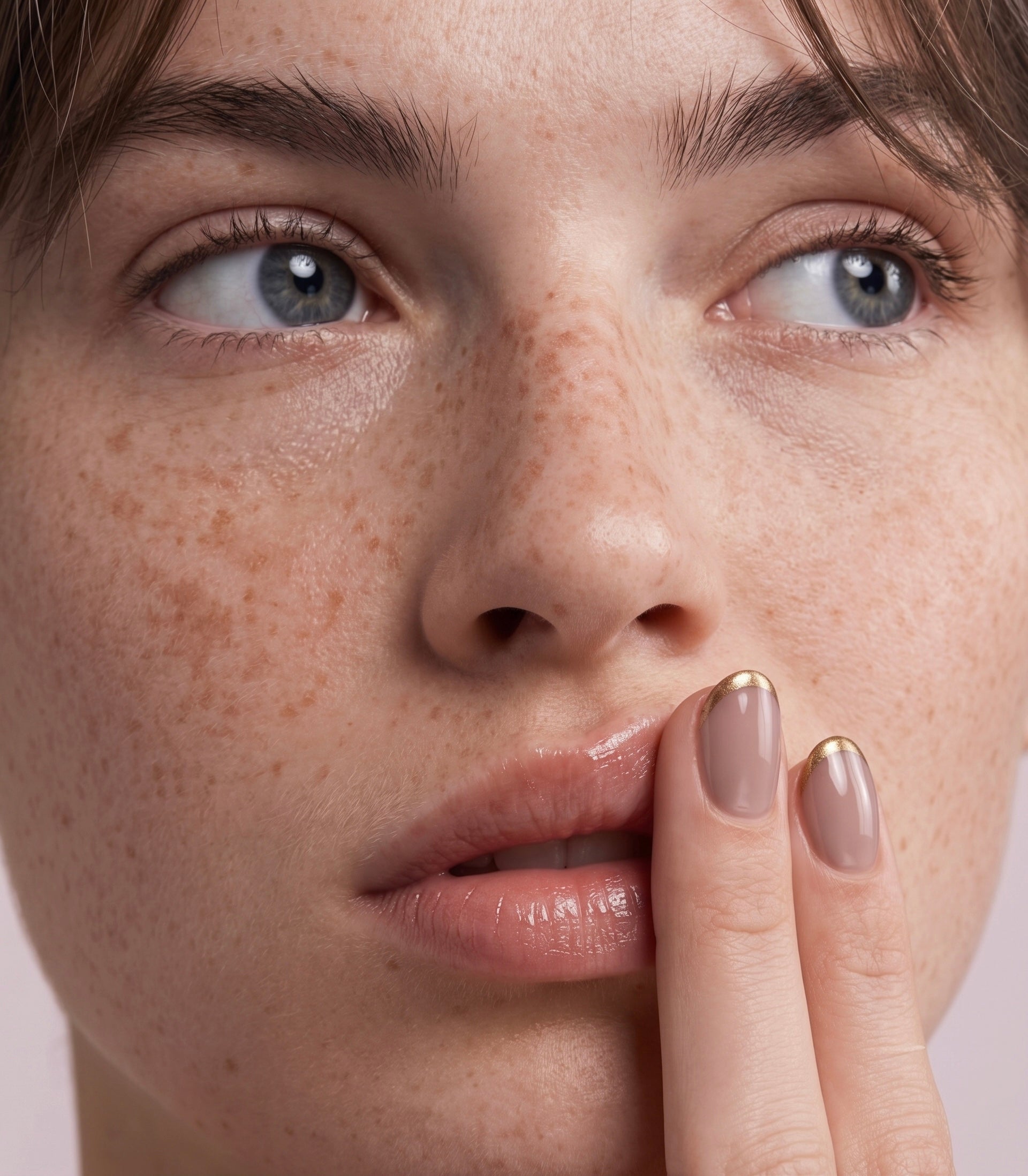 Close-up beauty photo of manicured nails with a nude and gold gel polish finish